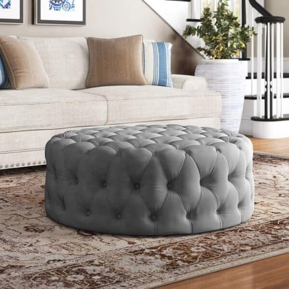 kid friendly living room - kid friendly coffee table - round ottoman 1