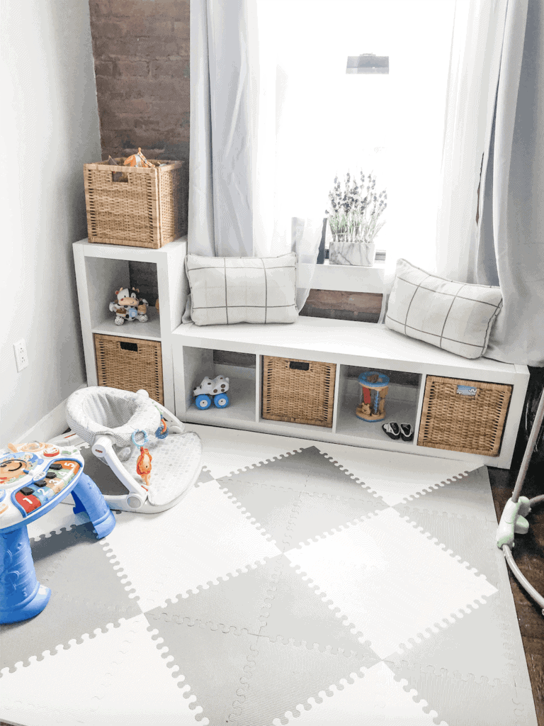 kid friendly living room -versatile shelving units