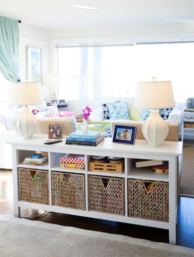 kid friendly living room - versatile shelving units
