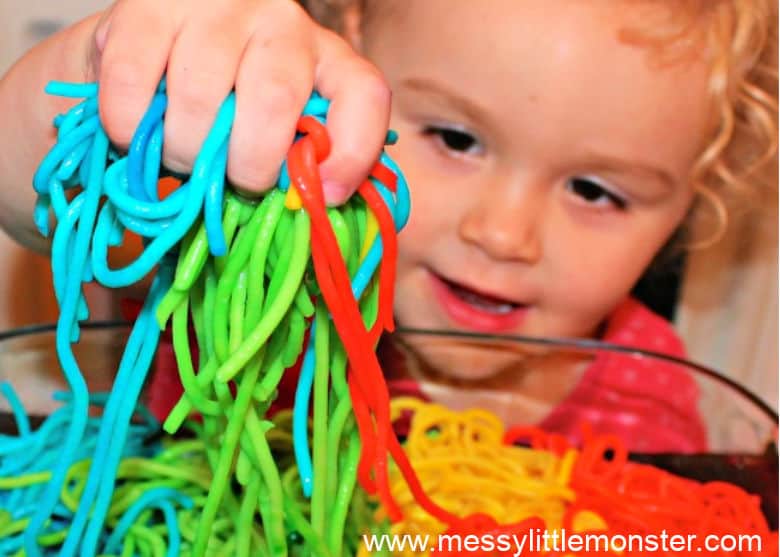 Sensory play ideas for 1-year-olds - Colored Spaghetti Sensory Bin
