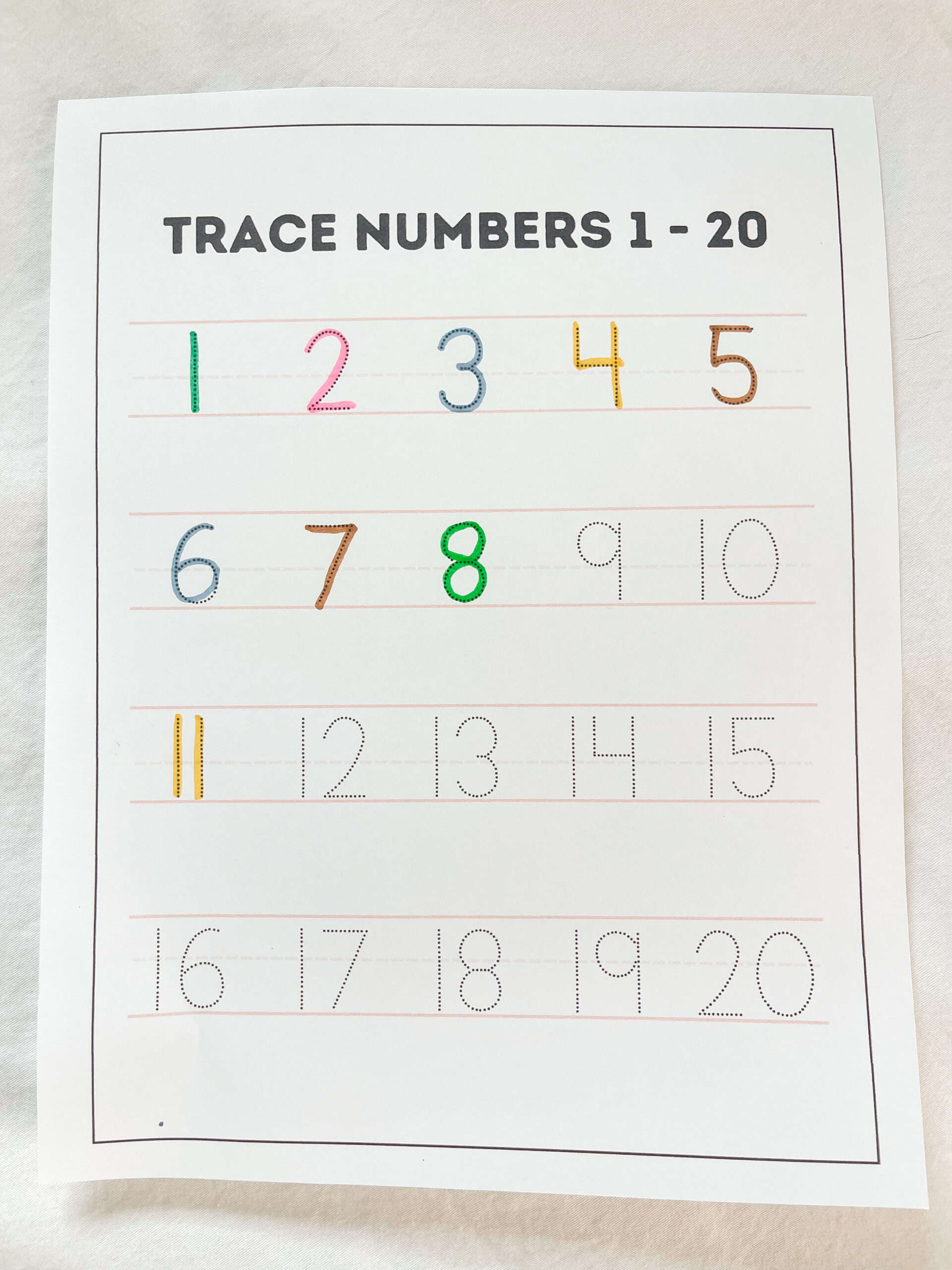 tracing numbers 1 up to 20