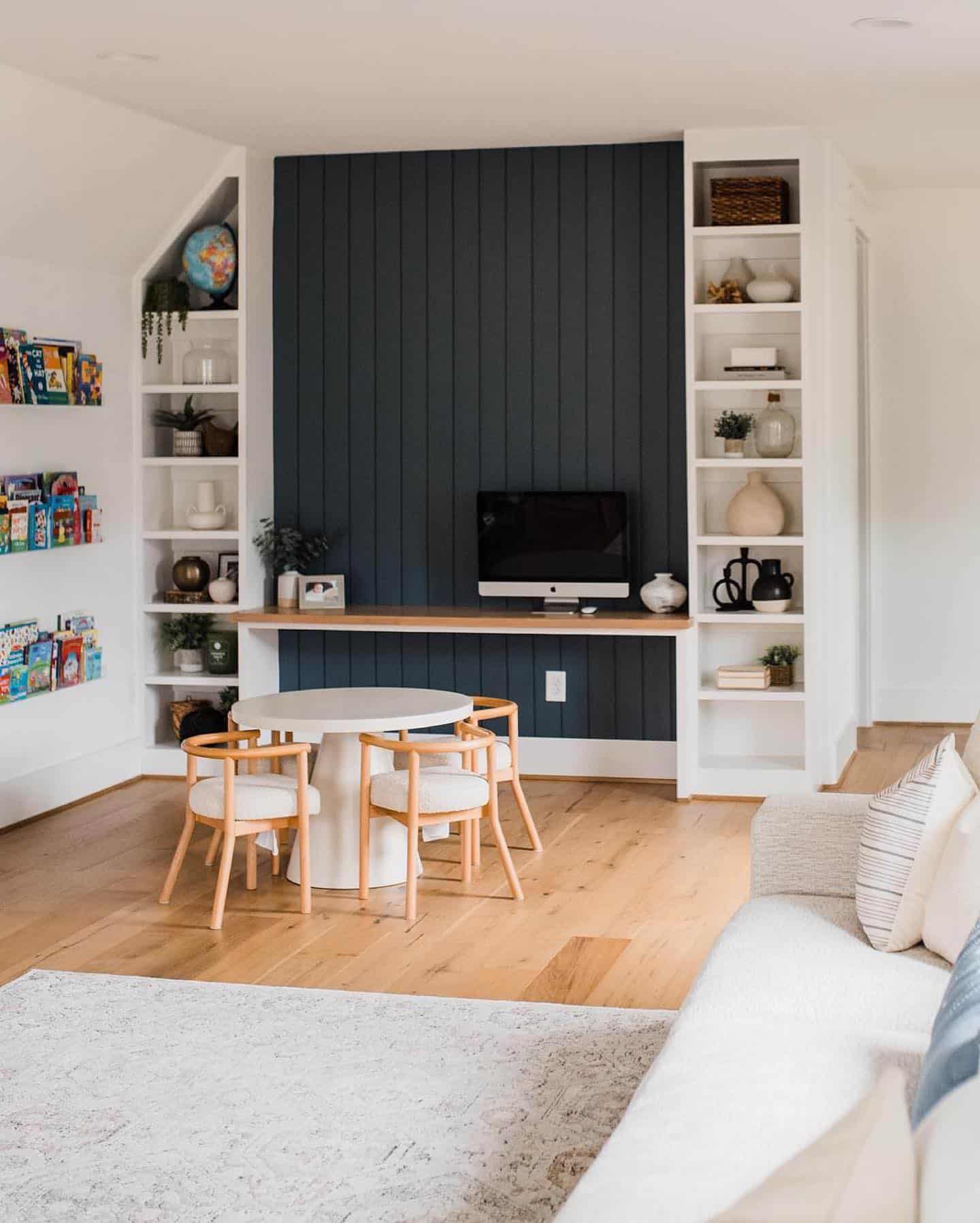 Dark blue accent wall living room