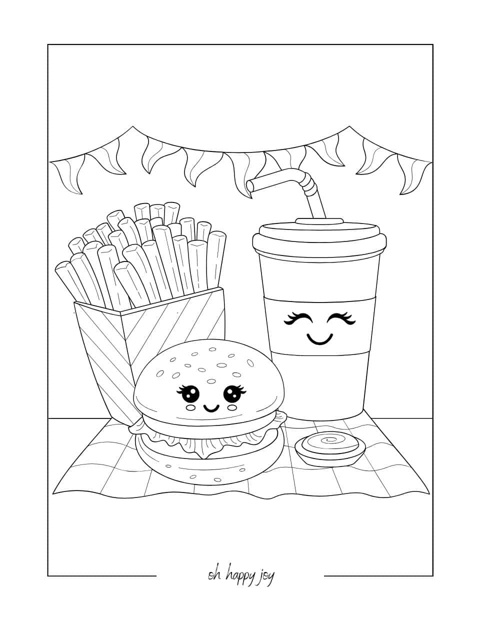 cute burgers and fries coloring page