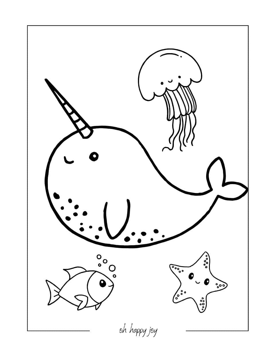 cute narwhal and sea creatures coloring page