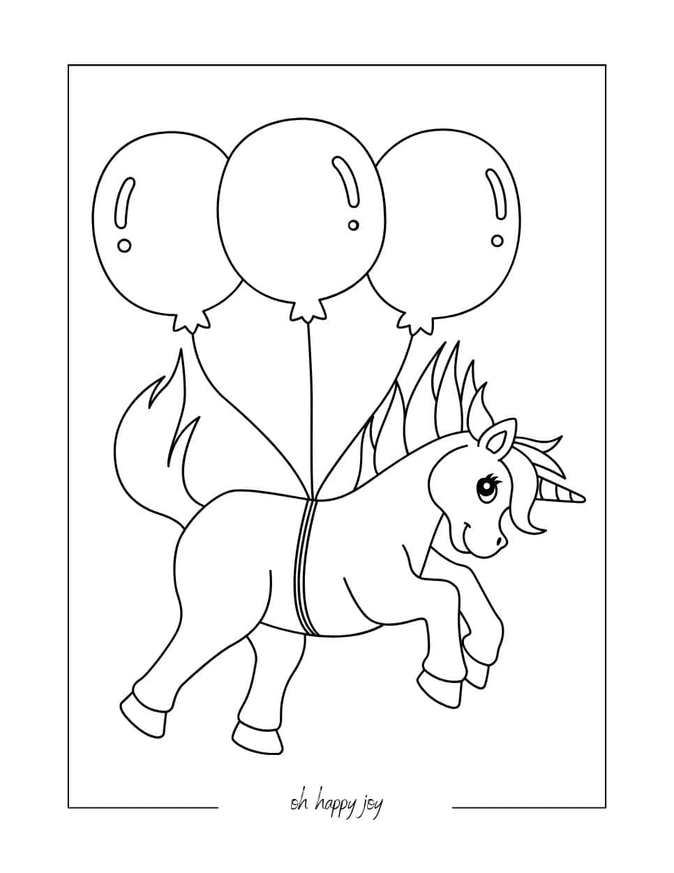 Unicorn and Balloons Coloring Page