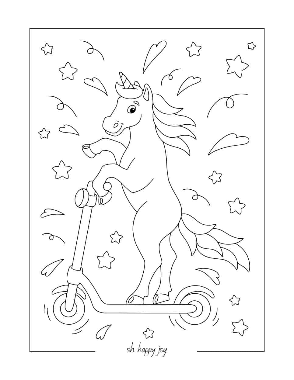 Unicorn on Scooter Coloring Page