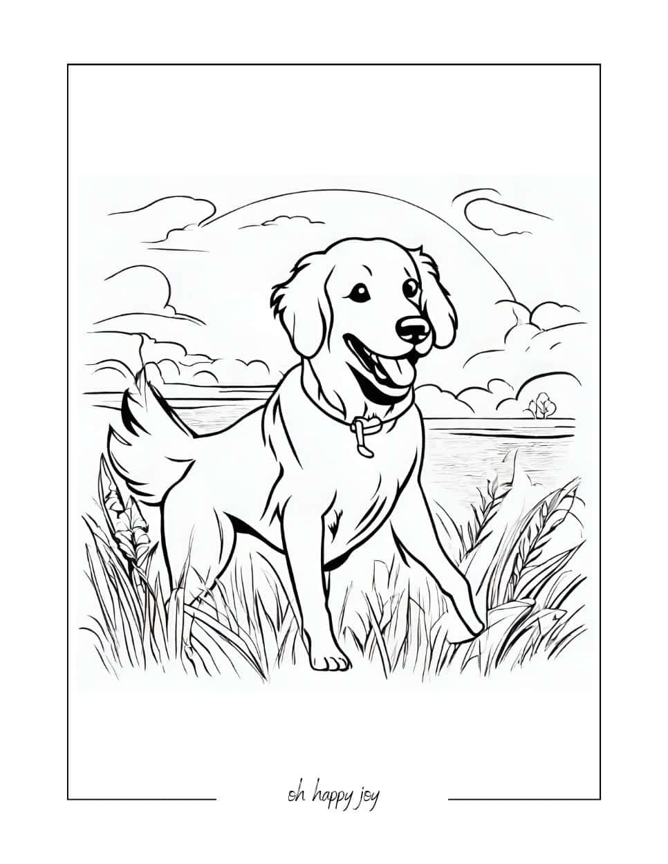 happy golden retriever coloring page