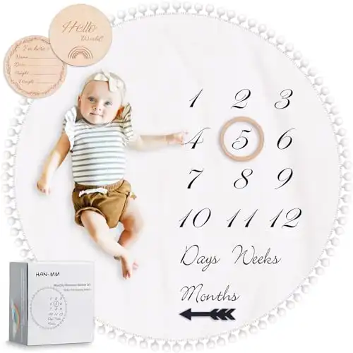 Baby Milestone Monthly Blanket with Double-Sided Milestone Cards and Circle Ring Play Mat Large(43.3" X43.3') Double Sided Pom Pom Ball Thick Flannel Round Rug for Boy Girl, Baby Photography...