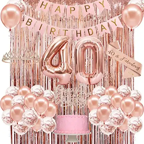 40th Birthday Decorations for Women - Rose Gold Banner and Balloons